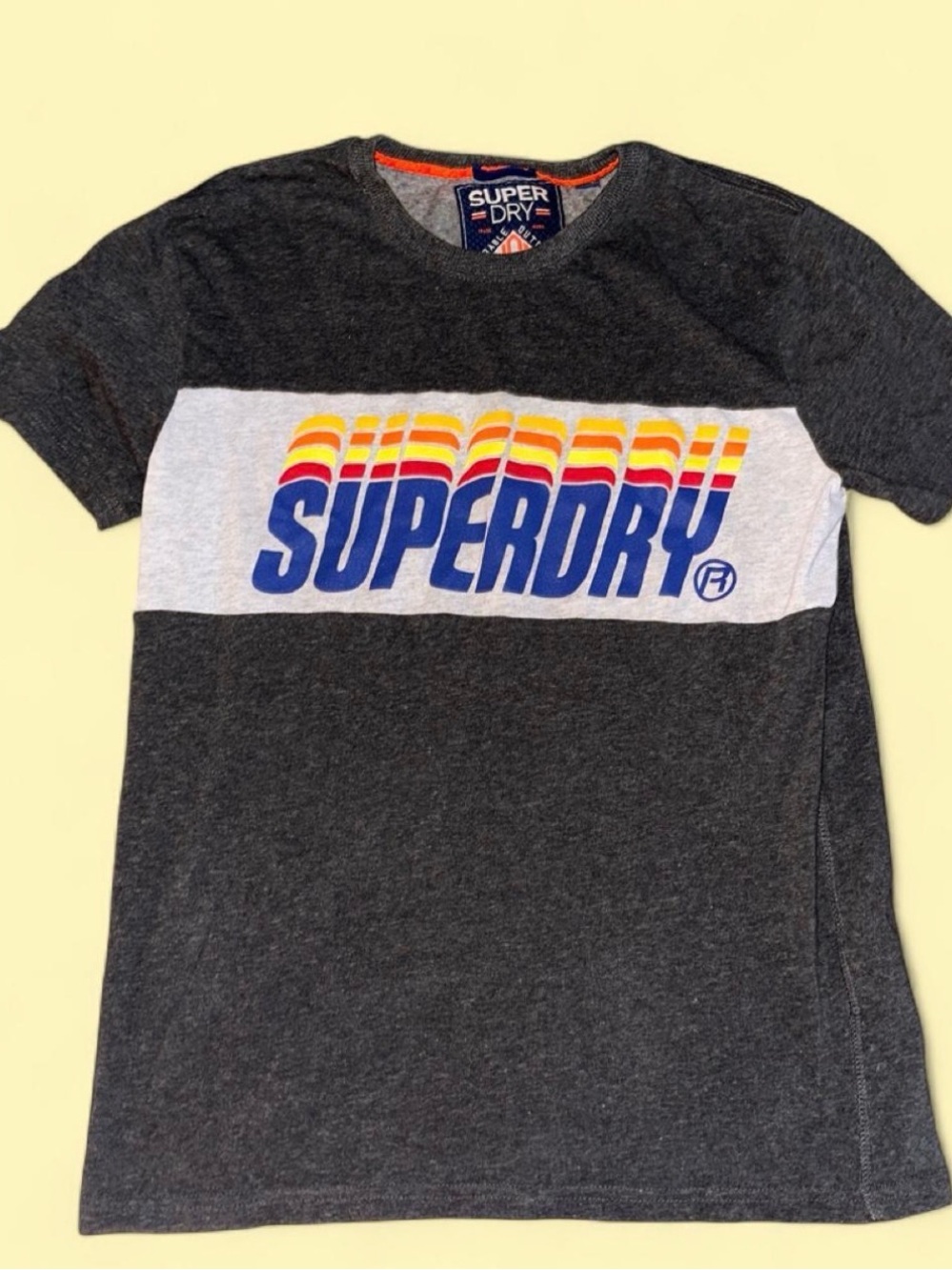 Superdry Dark Gray Short Sleeve Tee with Blue & Rainbow Logo